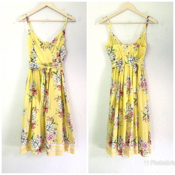 VINCE CAMUTO Yellow Floral Print Midi Dress Sundress Summer Cotton Size 6 New - Picture 2 of 14